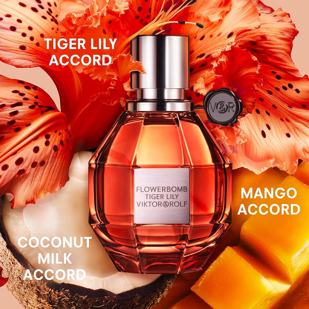 Viktor & Rolf Flowerbomb Tiger Lily perfume bottle with floral and coconut elements on a vibrant background