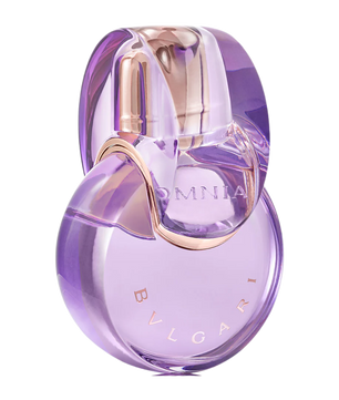 Purple Bvlgari perfume bottle on a white background