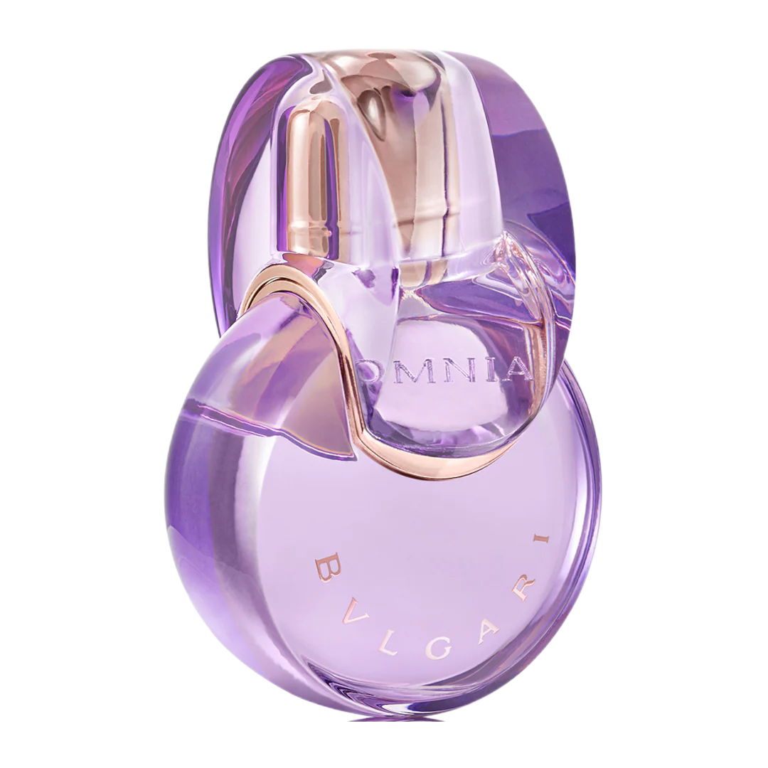 Purple Bvlgari perfume bottle on a white background