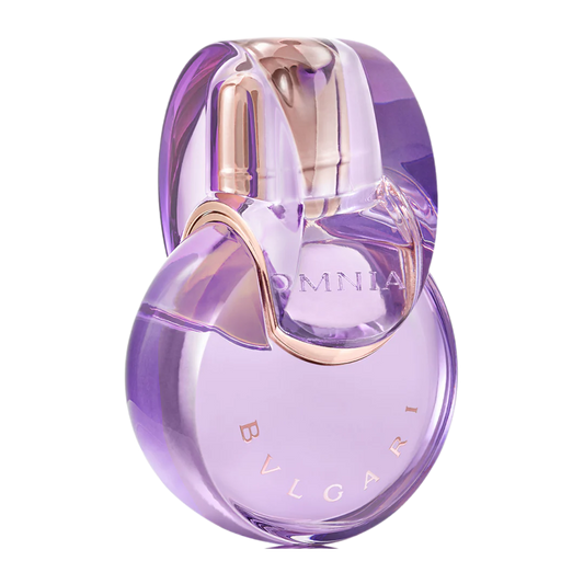 Purple Bvlgari perfume bottle on a white background