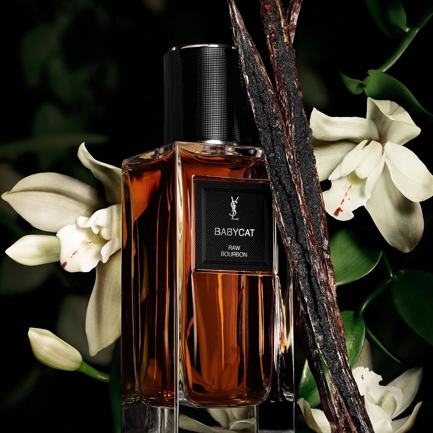 Perfume bottle labeled 'BABYCAT' with vanilla beans and flowers on a dark background