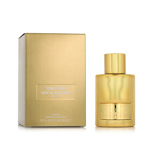 Gold Tom Ford perfume bottle and packaging on a white background