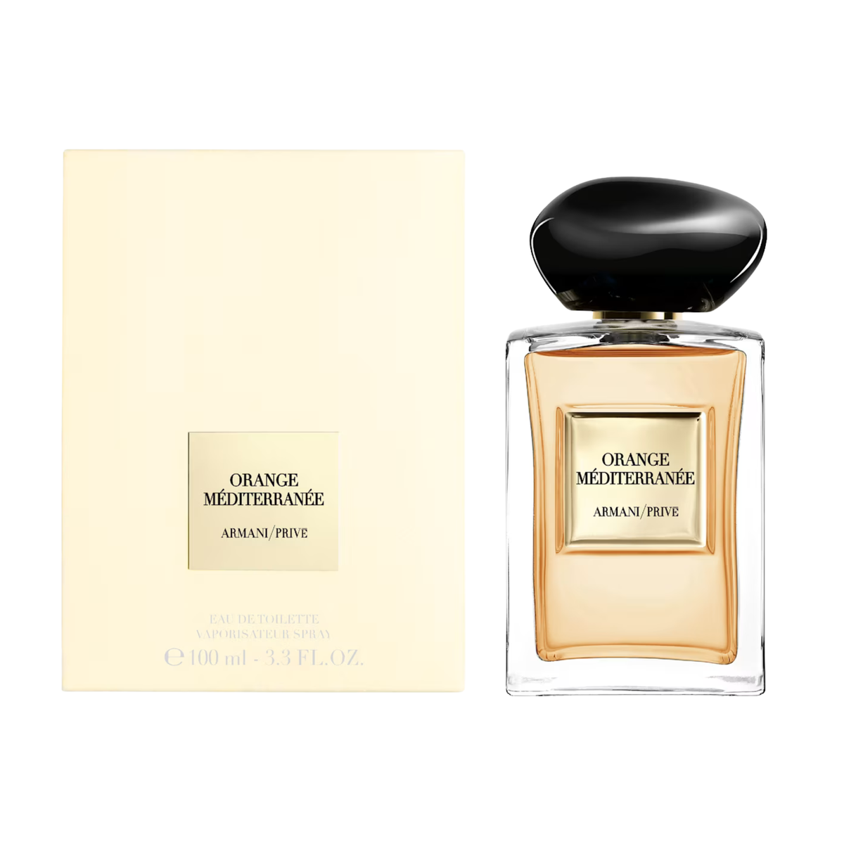 Armani Privé Orange Égyptienne perfume bottle next to its cream-colored packaging box, on a solid white background.
