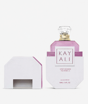 Kayali Sweet Diamond perfume bottle with its matching white and pink packaging box, displayed on a clean white background.