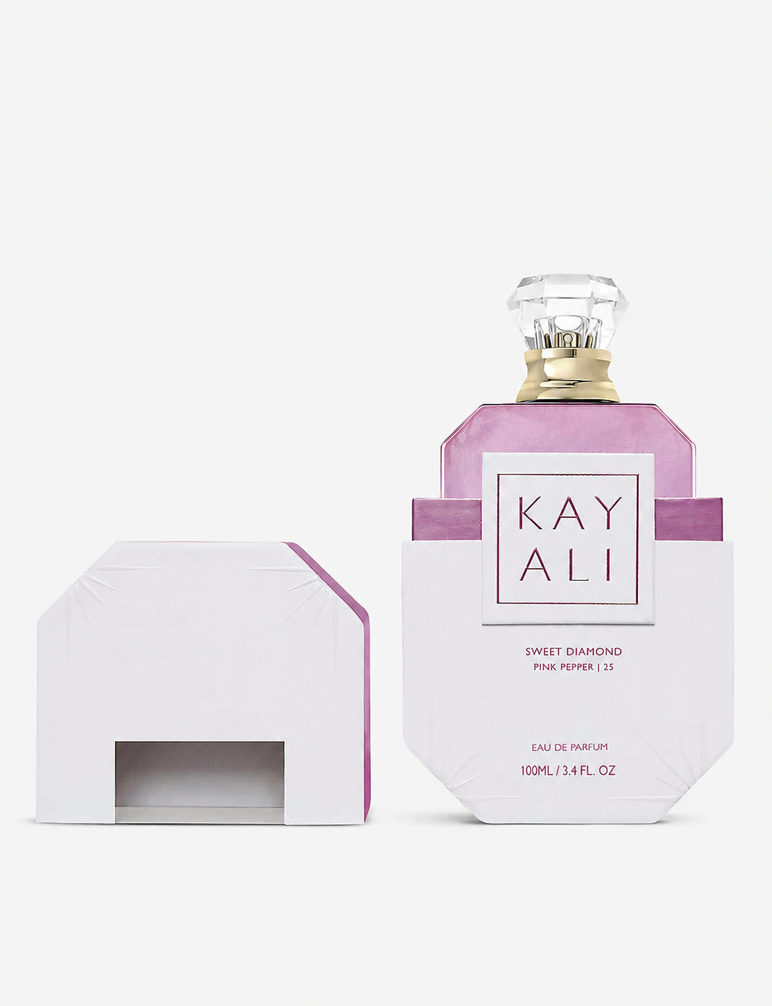 Kayali Sweet Diamond perfume bottle with its matching white and pink packaging box, displayed on a clean white background.