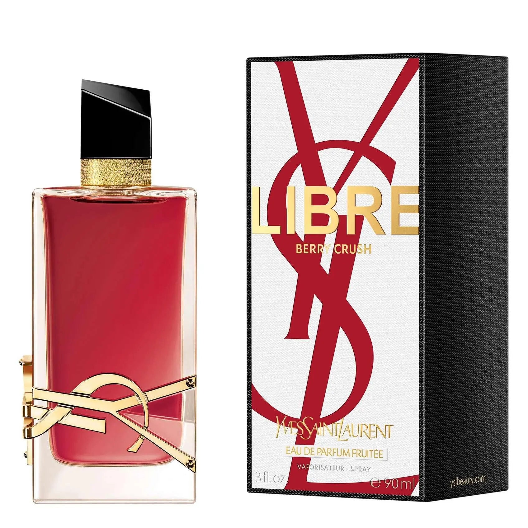 Red YSL Libre perfume bottle and packaging on a white background