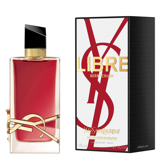 Red YSL Libre perfume bottle and packaging on a white background