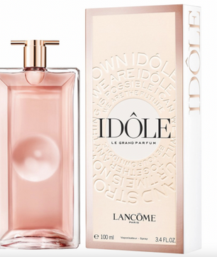 Lancôme Idôle Le Grand Parfum 100 ml spray bottle with a rose gold cap, shown next to its matching beige and rose gold packaging box on a white background.