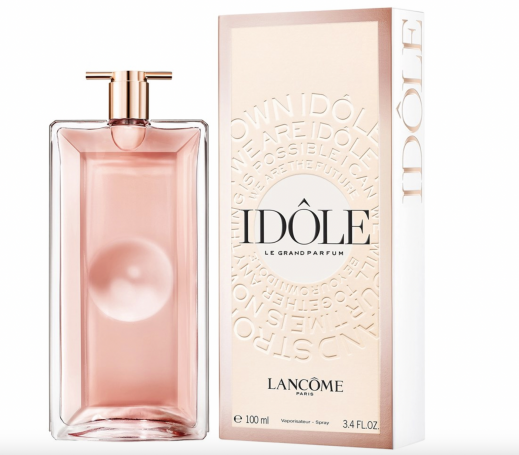 Lancôme Idôle Le Grand Parfum 100 ml spray bottle with a rose gold cap, shown next to its matching beige and rose gold packaging box on a white background.