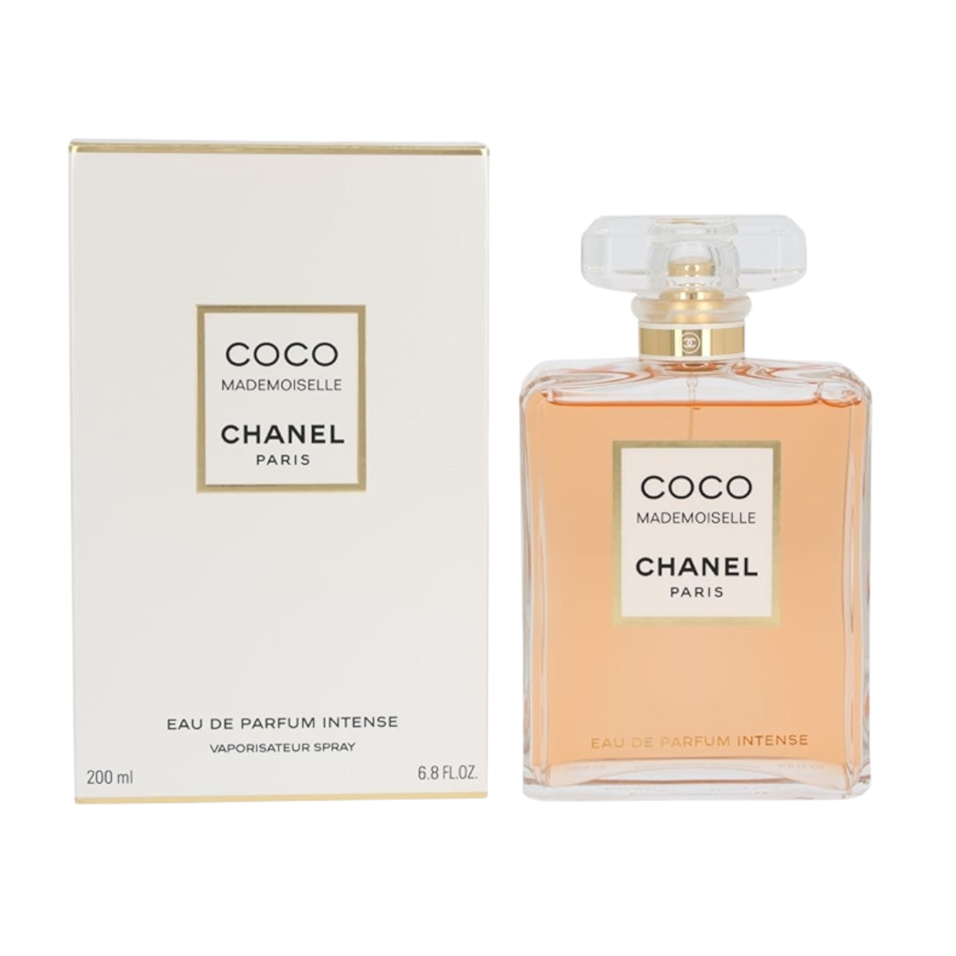 Chanel Coco Mademoiselle perfume bottle and packaging on a white background