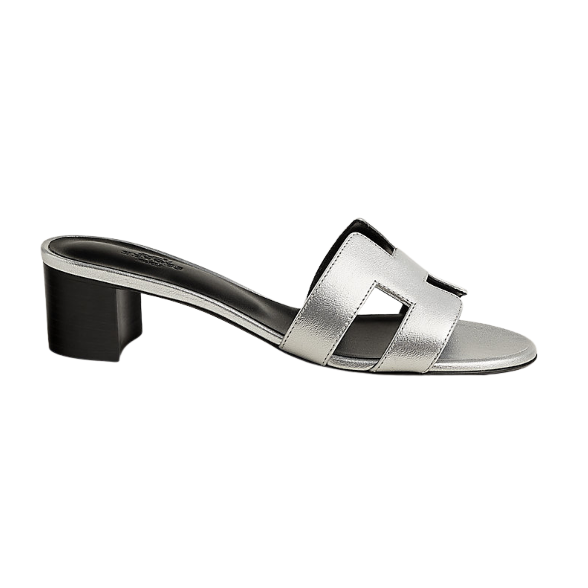 Silver sandal with a black heel on a white background