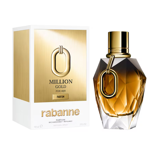 Rabanne Million Gold perfume bottle and packaging on a white background