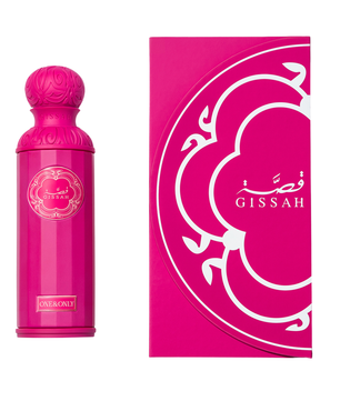 Pink perfume bottle and packaging with 'Gissah' branding on a white background