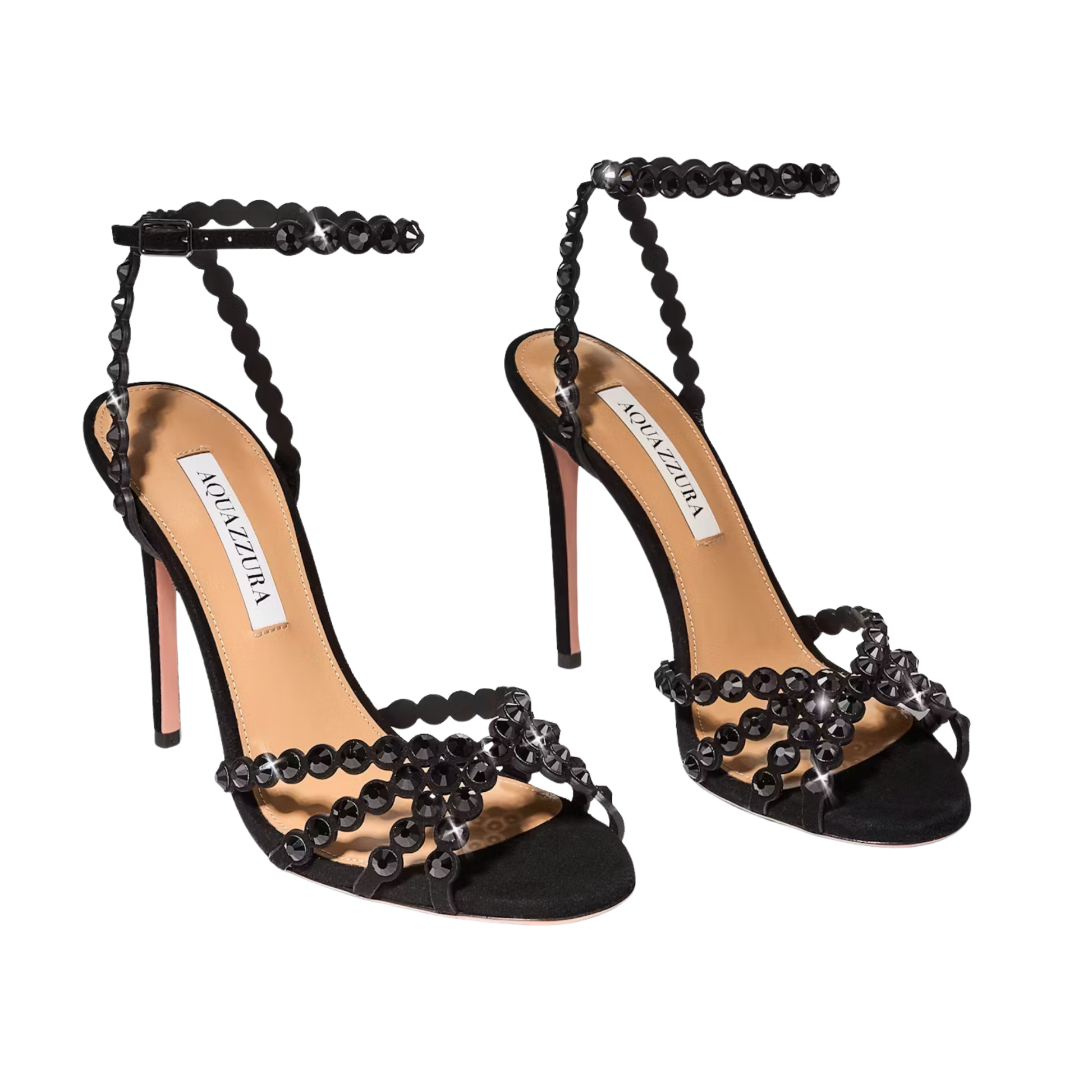 Black high-heeled sandals with beaded straps on a white background