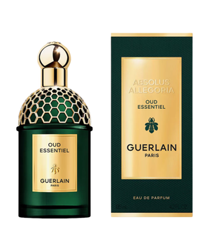 Guerlain Absolus Allegoria Oud Essentiel Eau de Parfum bottle in dark green with a gold cap and honeycomb pattern, shown next to its dark green and gold packaging box on a white background.