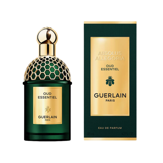 Guerlain Absolus Allegoria Oud Essentiel Eau de Parfum bottle in dark green with a gold cap and honeycomb pattern, shown next to its dark green and gold packaging box on a white background.