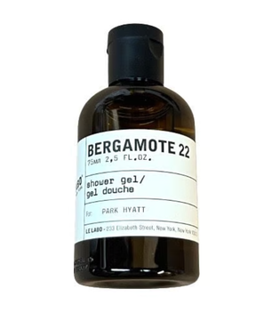 Bottle of Bergamote 22 shower gel with a white label on a white background