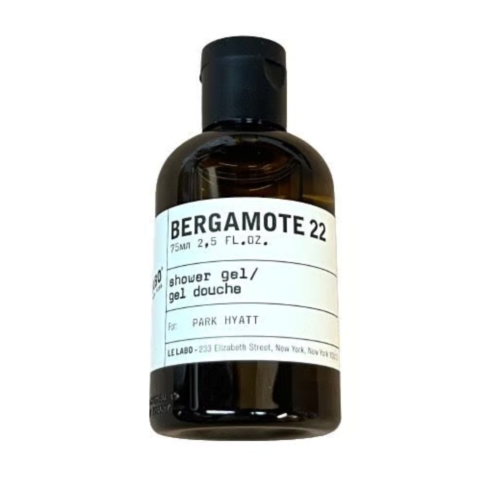 Bottle of Bergamote 22 shower gel with a white label on a white background