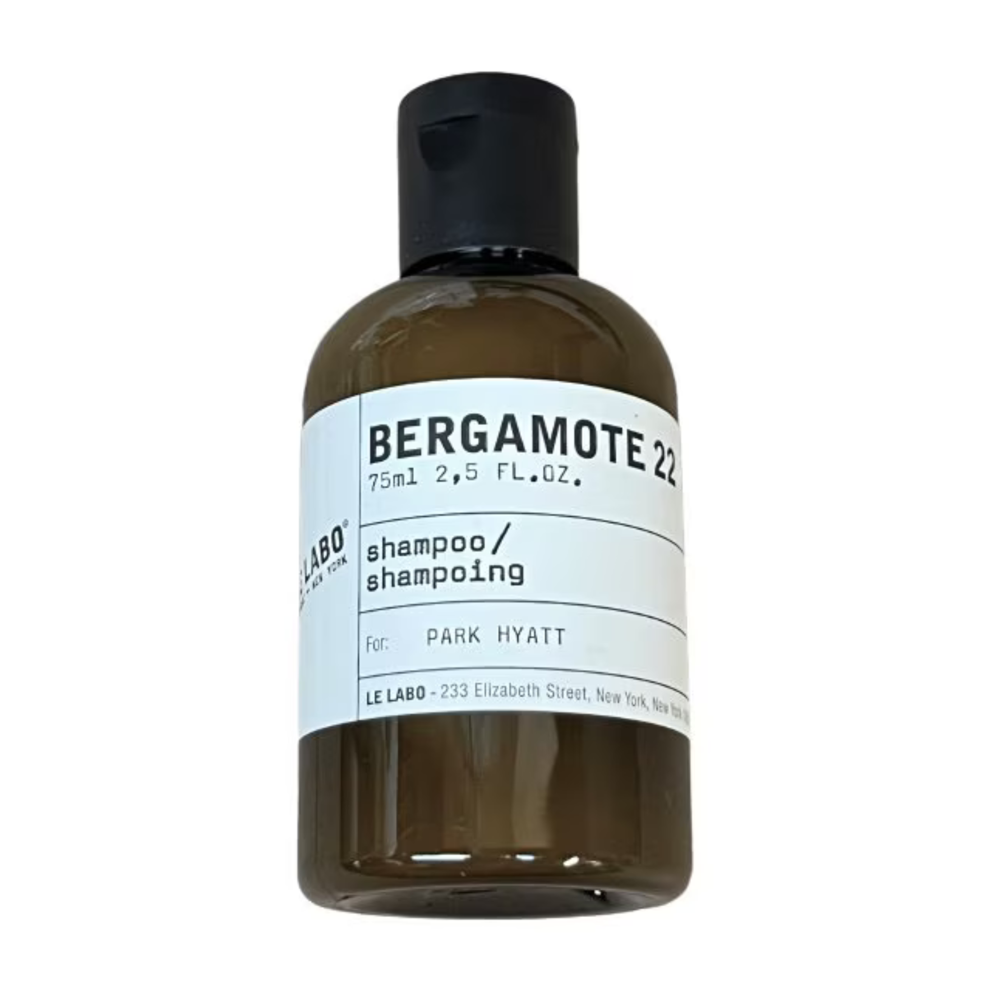 Bottle of Bergamote 22 shampoo with a black cap on a white background