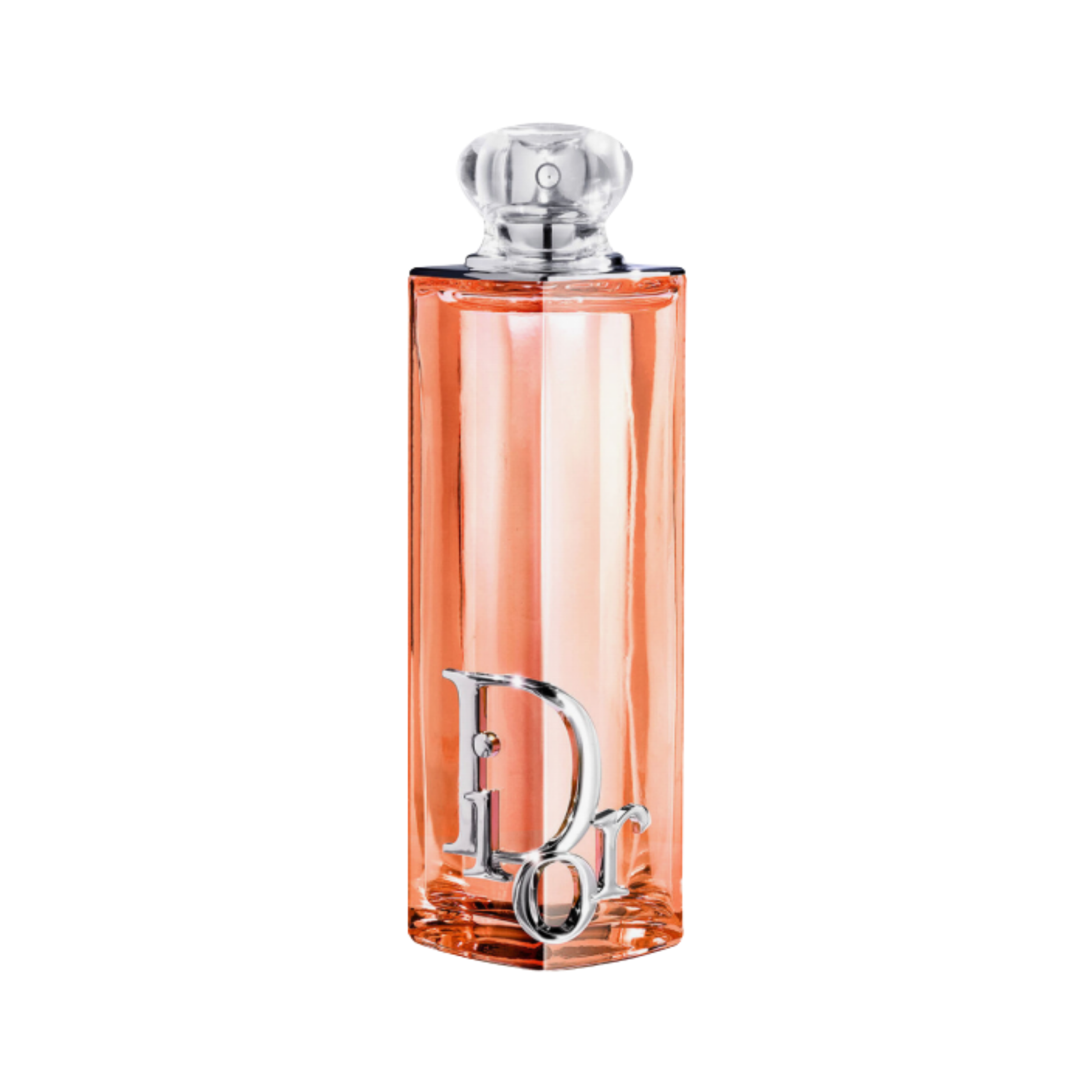 Dior Dior Addict perfume bottle in a translucent peach-pink glass with a silver-tone Dior logo and a clear faceted cap, shown on a solid white background.