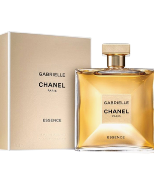 Chanel Gabrielle Essence perfume bottle with golden amber liquid next to its beige packaging box, on a white background.