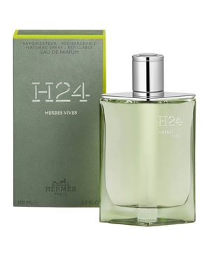 Hermes H24 Herbes Vives perfume bottle and packaging on a white background
