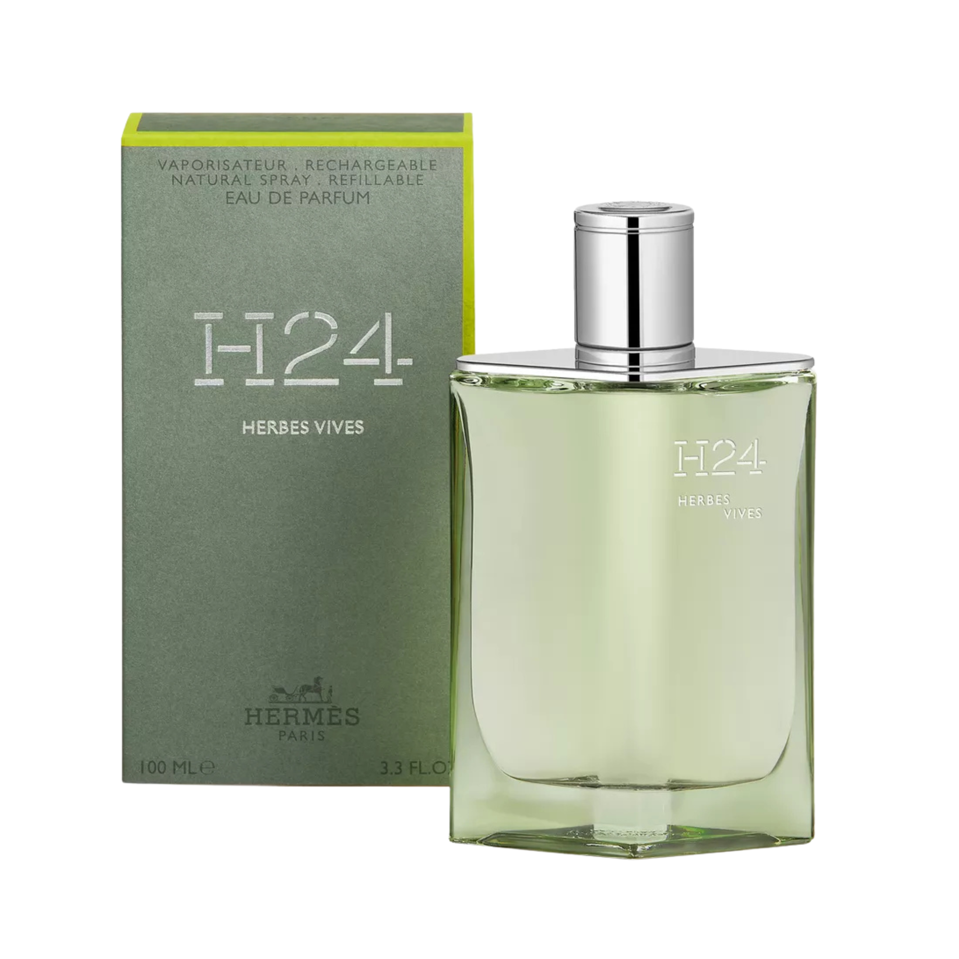 Hermes H24 Herbes Vives perfume bottle and packaging on a white background
