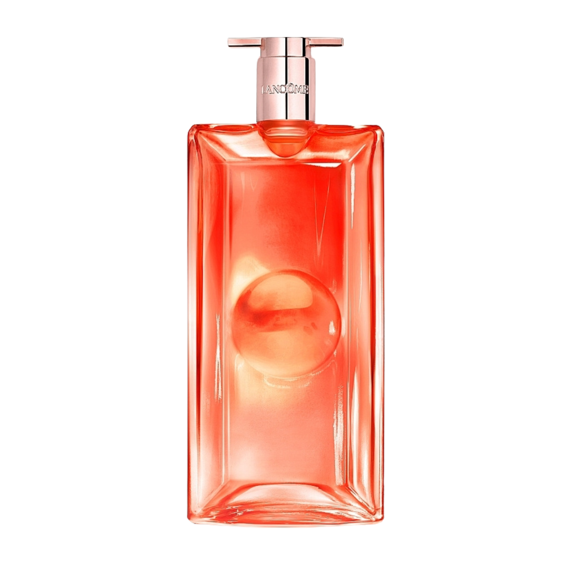 A rectangular glass perfume bottle with a rounded geometric design, filled with a translucent coral-pink liquid and topped with a metallic rose-gold cap. The brand name 'LANEIGE' is visible on the neck of the bottle.