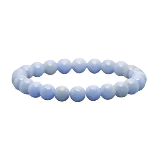 Blue beaded bracelet on a white background