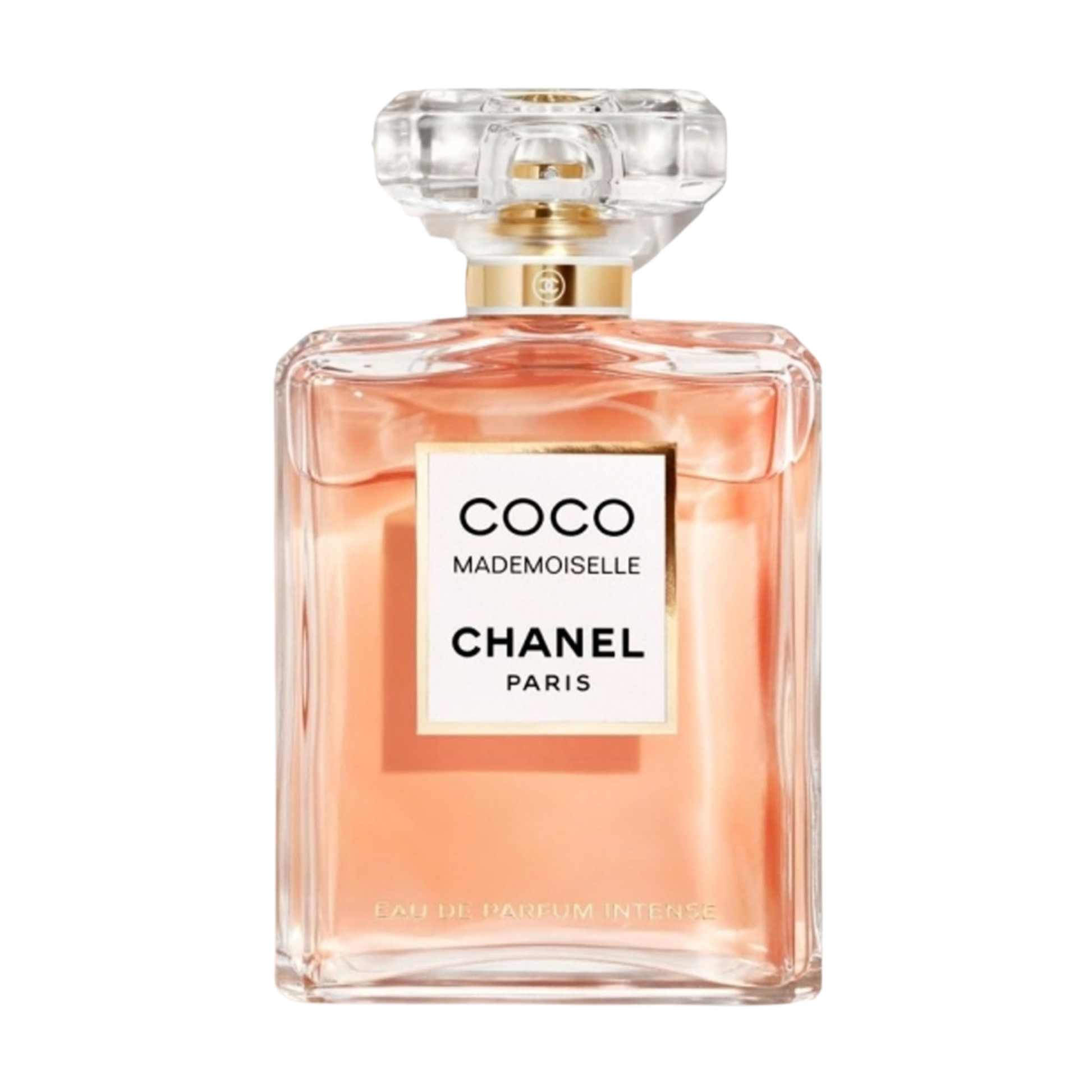 Chanel Coco Mademoiselle perfume bottle on a white background