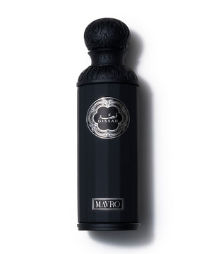 Black perfume bottle with decorative cap on a white background