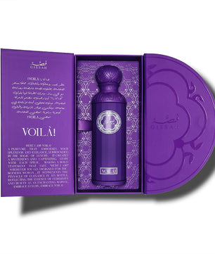 Purple perfume bottle with packaging on a white background