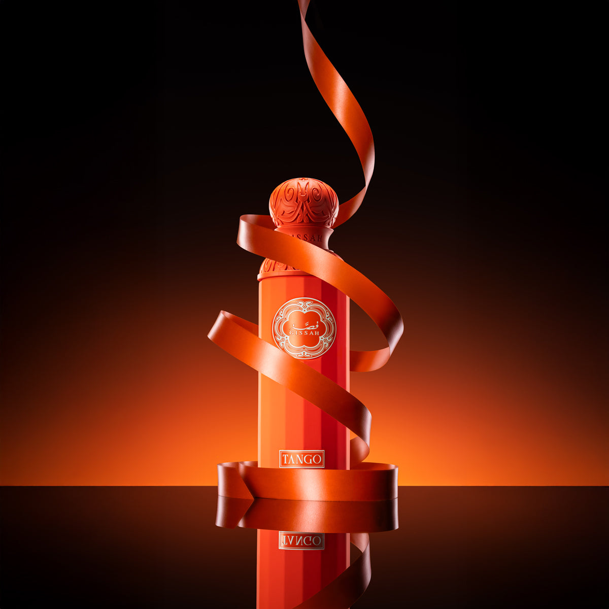 Red bottle with a ribbon against a gradient background