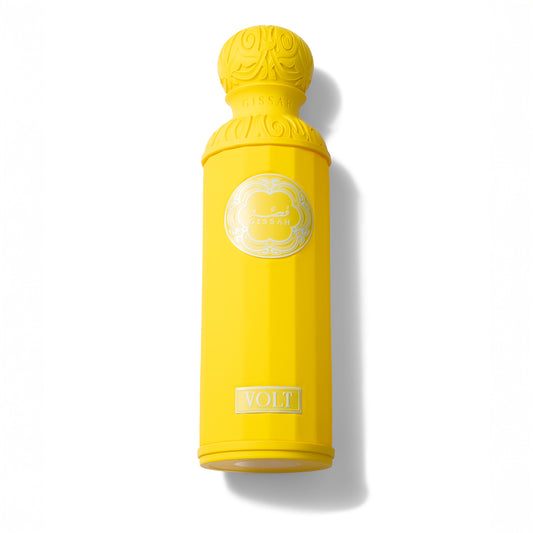 Yellow bottle with decorative cap on a white background