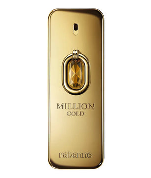 Gold perfume bottle with 'MILLION GOLD' and 'Rabanne' branding on a white background