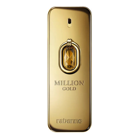 Gold perfume bottle with 'MILLION GOLD' and 'Rabanne' branding on a white background