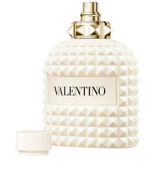 Valentino perfume bottle with geometric design on a white background