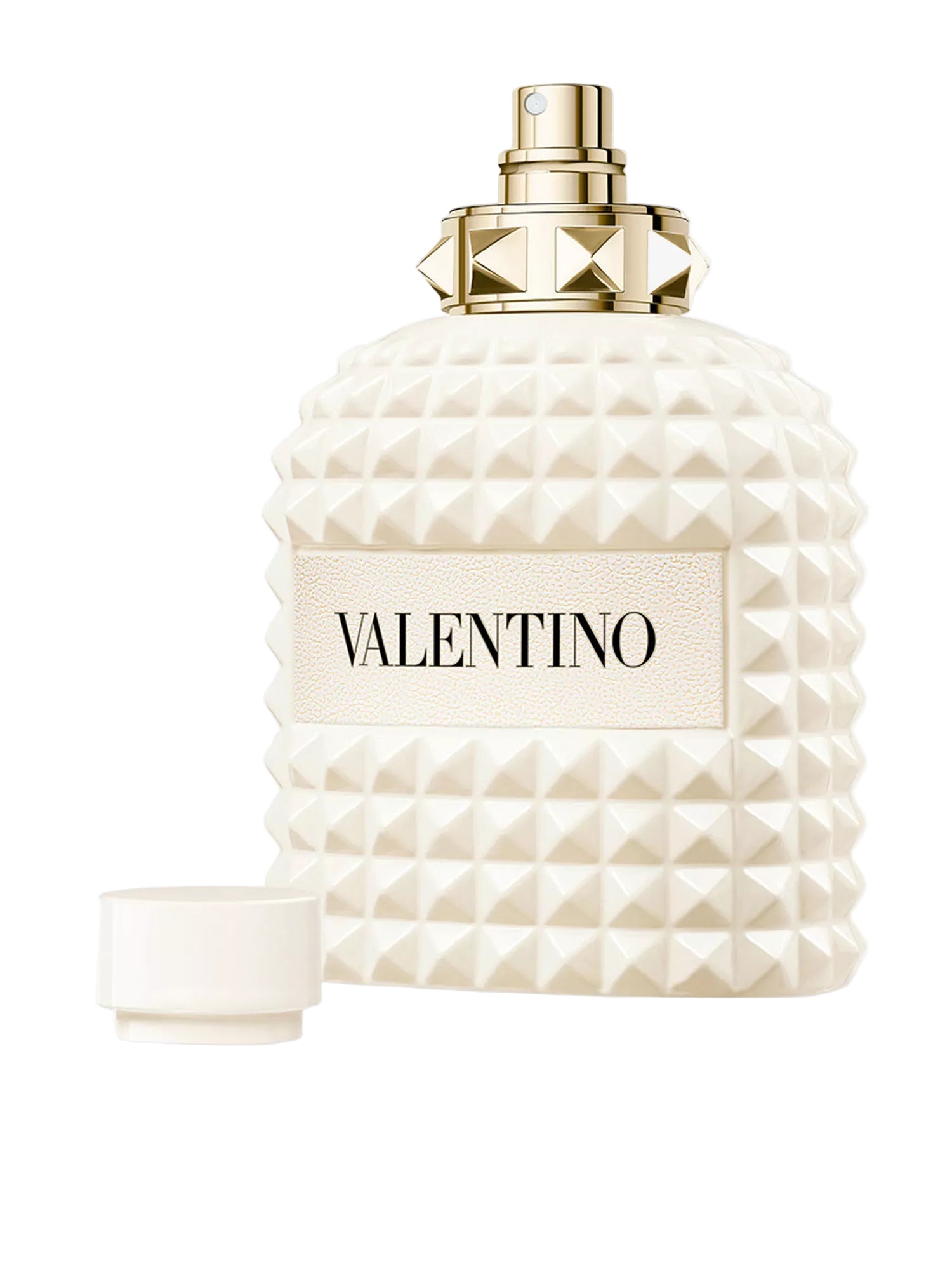 Valentino perfume bottle with geometric design on a white background