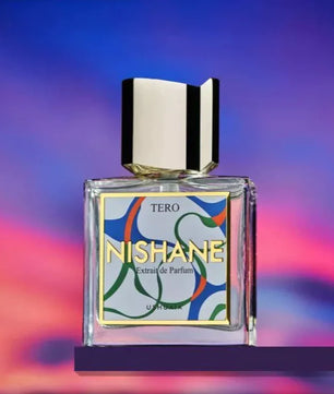 Nishane Tero perfume bottle on a colorful gradient background