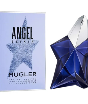 Mugler Angel Elixir perfume bottle and packaging on a white background