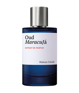 Perfume bottle labeled 'Oud Maracufá' by Maison Crivelli on a white background