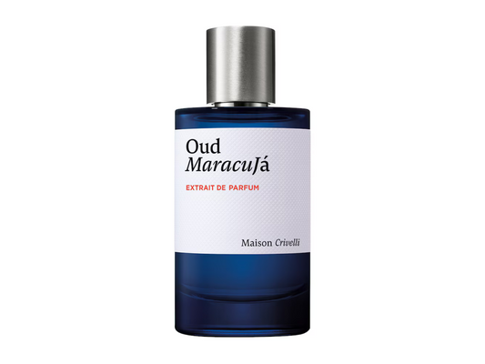 Perfume bottle labeled 'Oud Maracufá' by Maison Crivelli on a white background