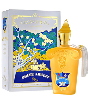 Yellow Casamorati Dolce Amalfi perfume bottle with packaging on a white background