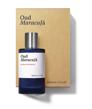 Perfume bottle labeled 'Oud Maracuja' with a matching box on a white background