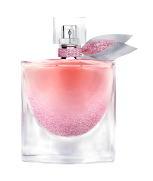 Pink perfume bottle with decorative cap on a white background