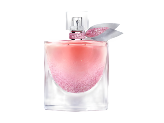 Pink perfume bottle with decorative cap on a white background