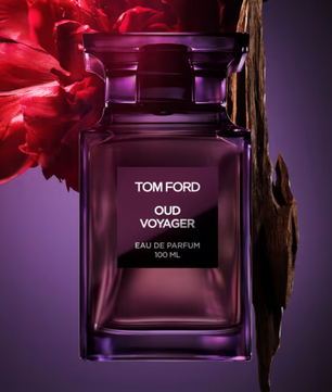 Tom Ford Oud Voyager perfume bottle with a red flower on a purple background