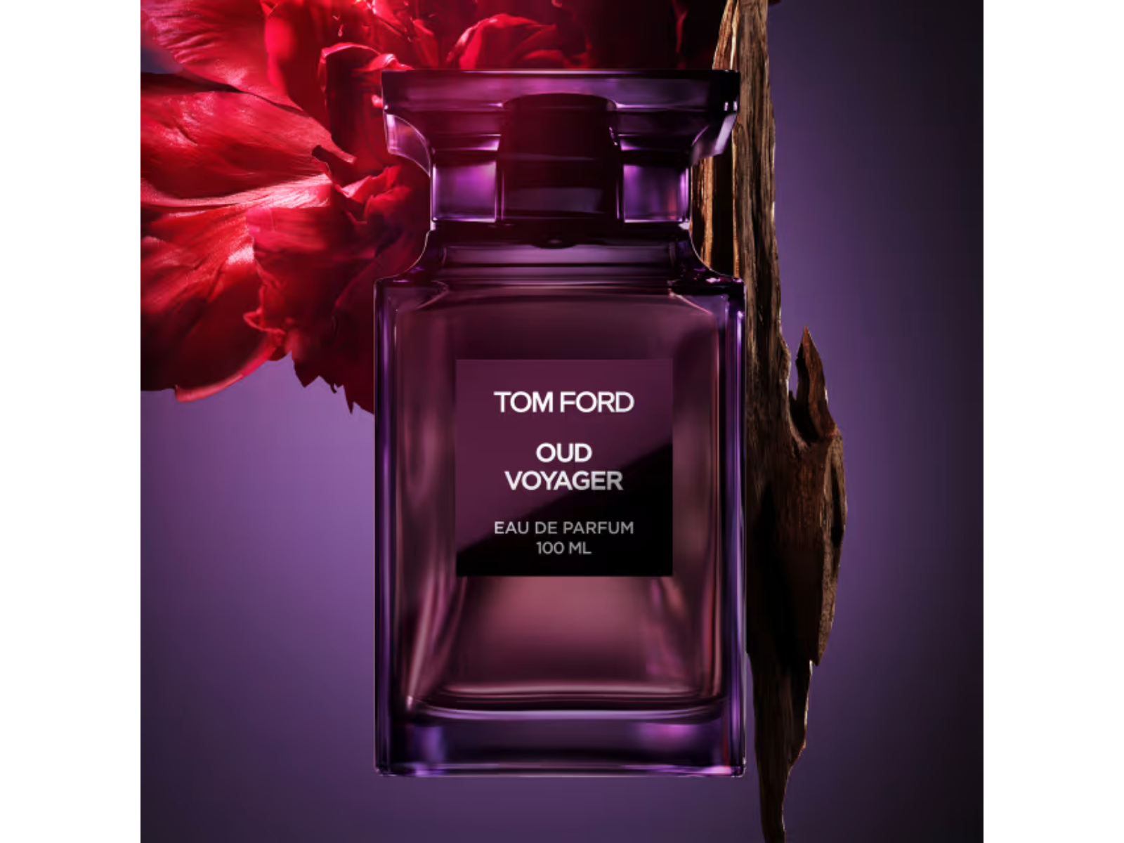 Tom Ford Oud Voyager perfume bottle with a red flower on a purple background