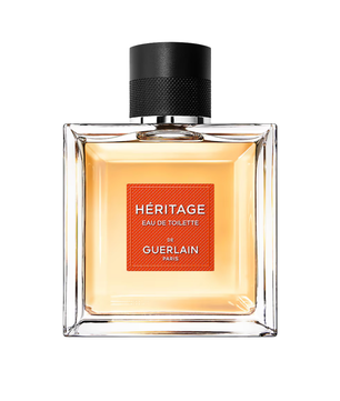 Perfume bottle labeled 'Heritage' by Guerlain on a white background