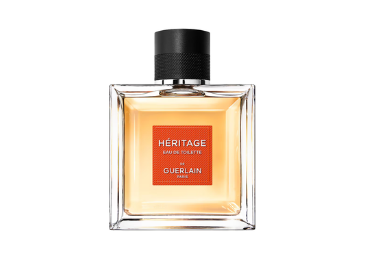 Perfume bottle labeled 'Heritage' by Guerlain on a white background